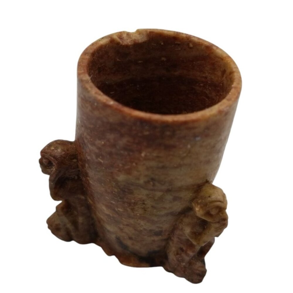 Vintage Hand-Carved Stone Cup With 3 Wise Monkeys See Hear Speak No Evil - Picture 9 of 11